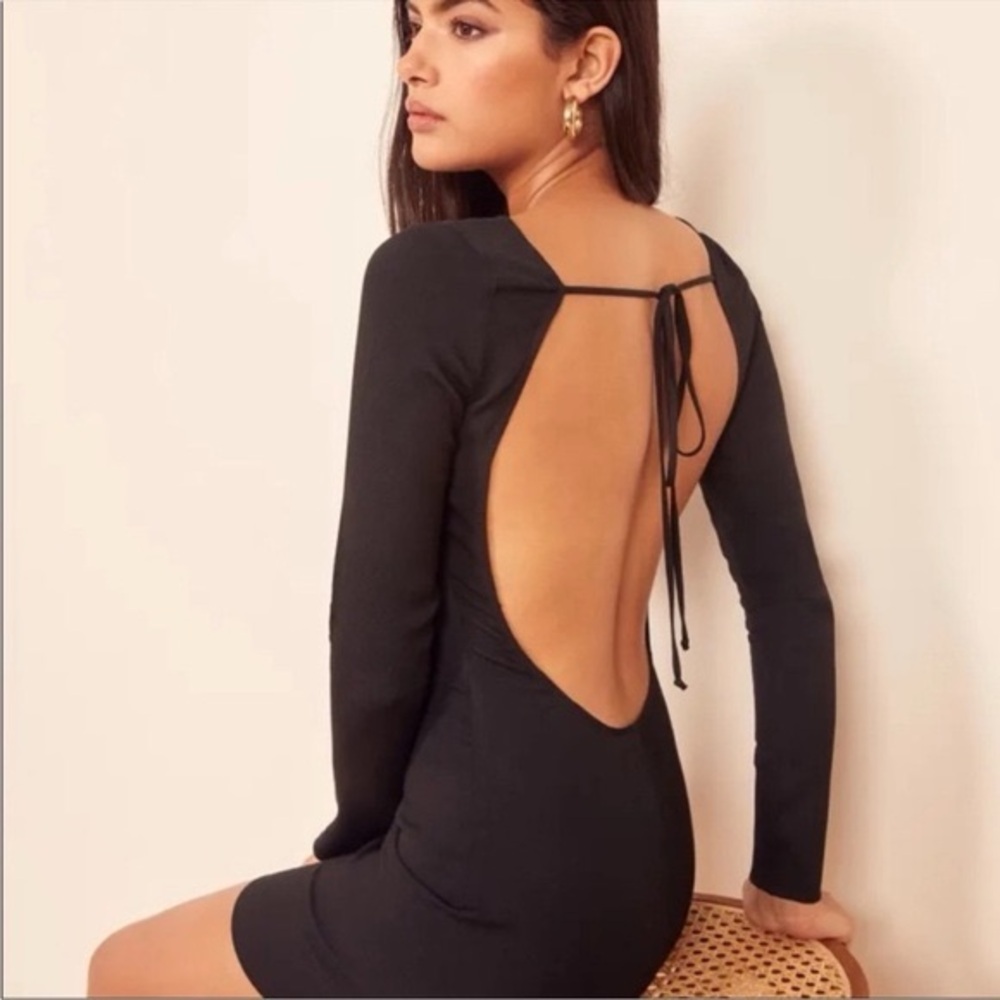 Reformation Black Long-Sleeve Backless Mini Dress